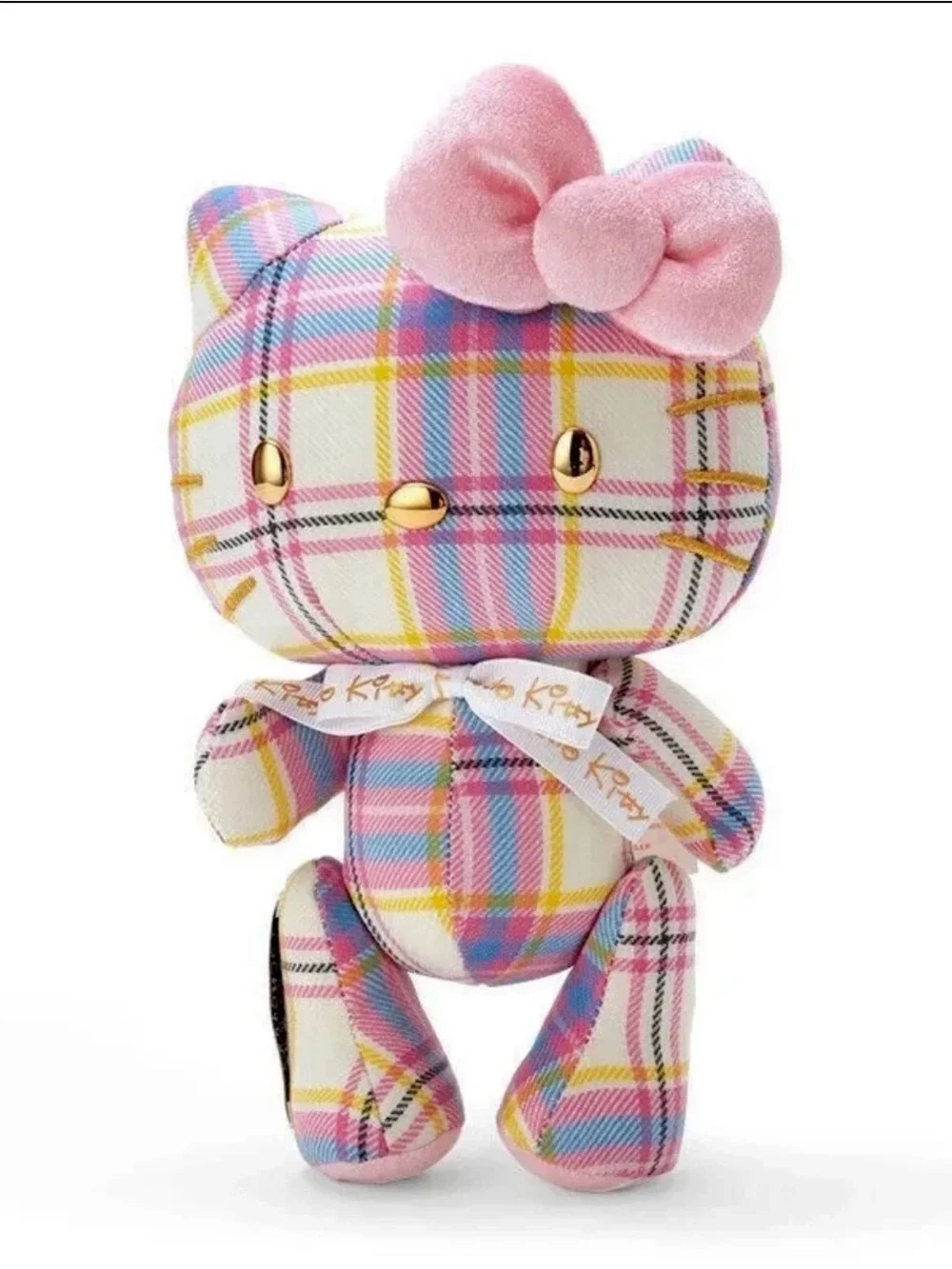 Hello Kitty Plush 50th Anniversary Scottish made- Pink Plaid - Gold Accents LE